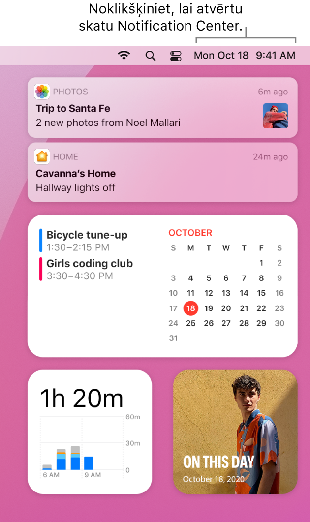 Izvēlne Notification Center ar paziņojumiem un logrīkiem lietotnēm Photos, Home, Calendar un ScreenTime.