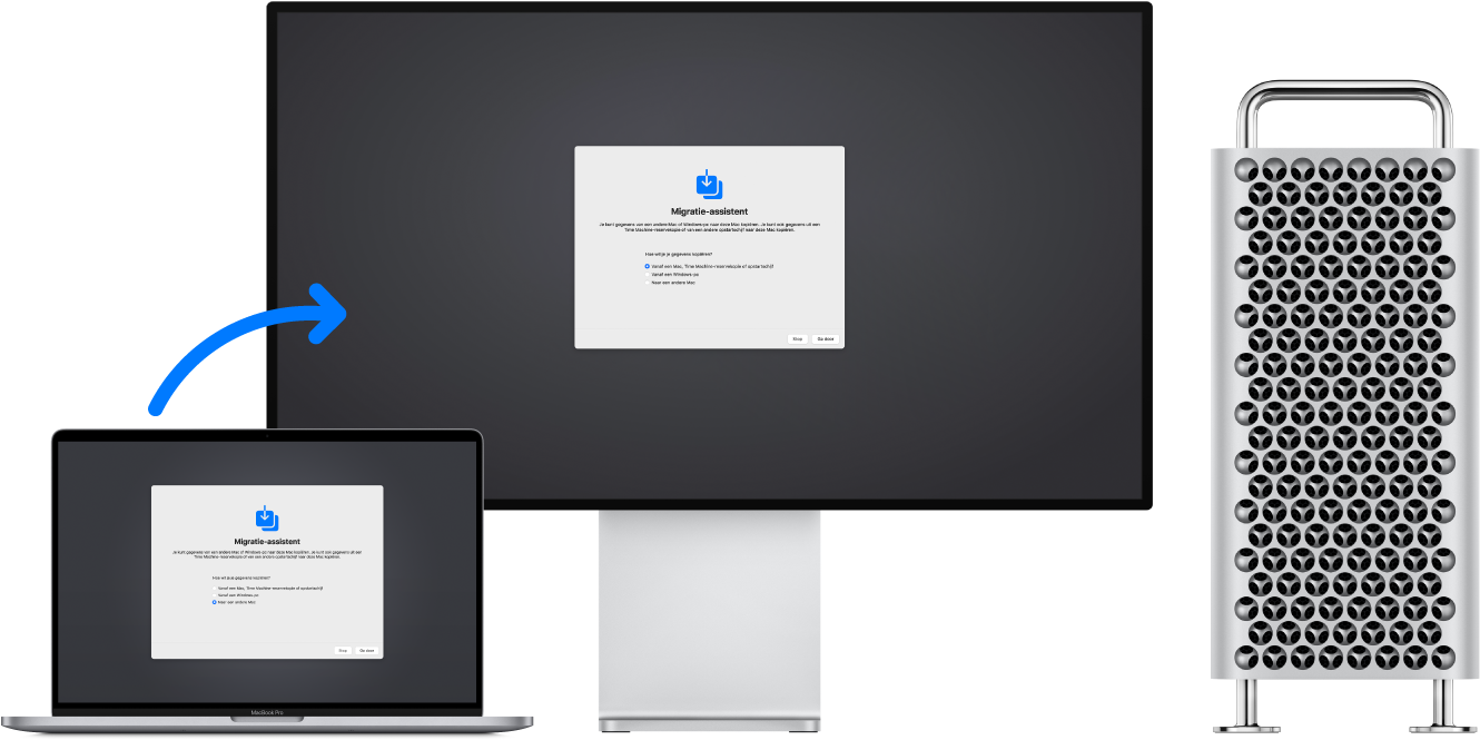 Een MacBook Pro en een Mac Pro waarop een beeldscherm is aangesloten. Op beide schermen wordt Migratie-assistent weergegeven. Een pijl van de MacBook Pro naar de Mac Pro symboliseert de gegevensoverdracht van de ene naar de andere computer.