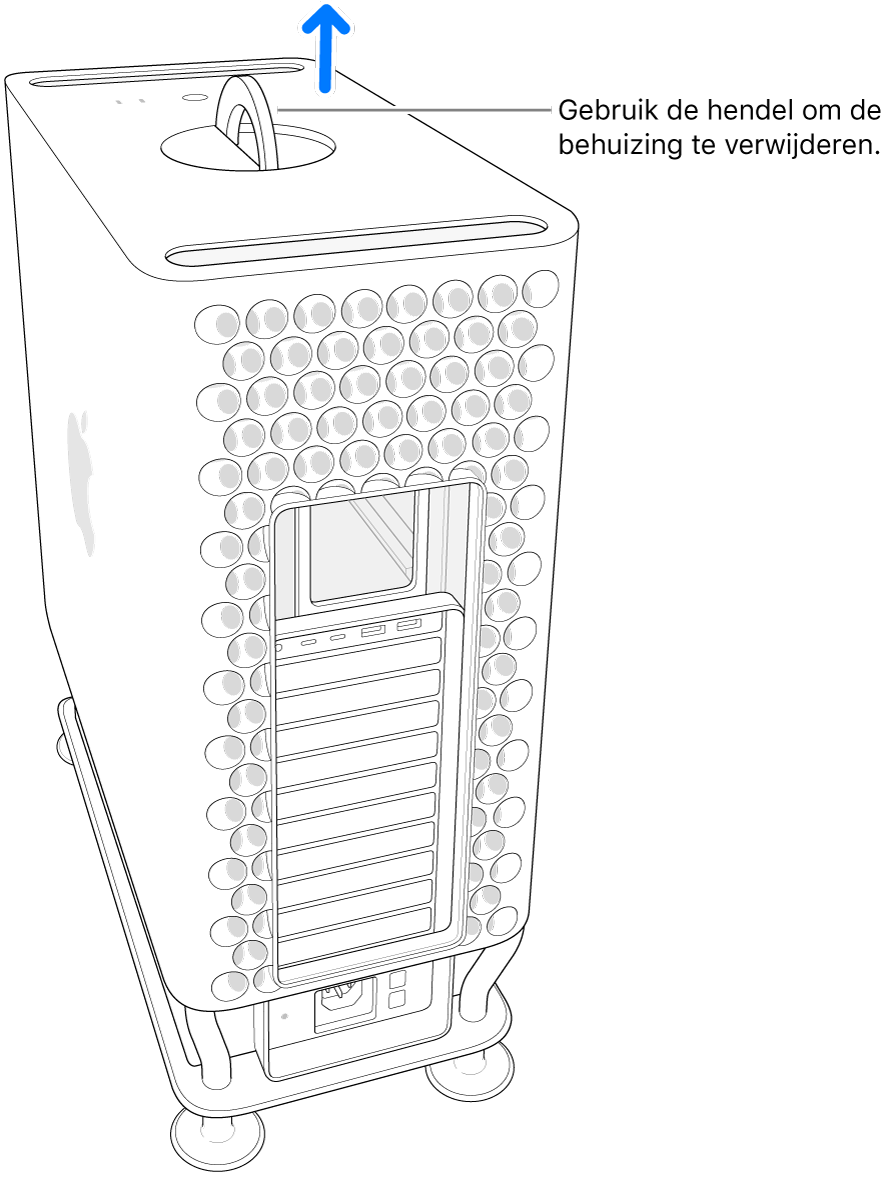 De hendel is gedraaid en staat omhoog; de behuizing wordt van de computer getild.