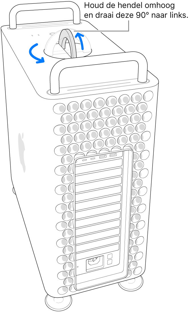 Illustratie van de eerste stap voor het verwijderen van de computerbehuizing door de hendel op te tillen en 90 graden te draaien.