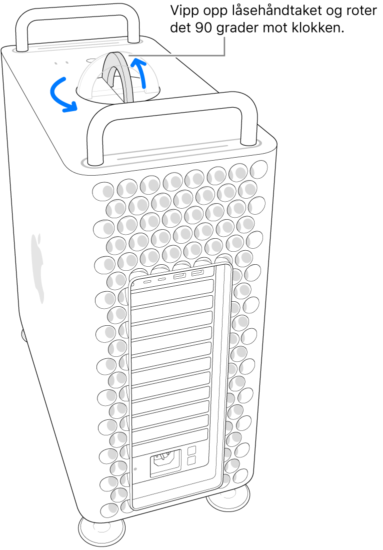 Viser det første trinnet for å fjerne datamaskinens kabinett ved å løfte låsehåndtaket og vri det 90 grader.