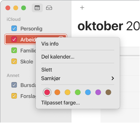 Kalender-snarveismenyen med alternativer for å endre fargen for en kalender.