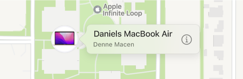 Et nærbilde av Informasjon-symbolet for Daniels MacBook Air.