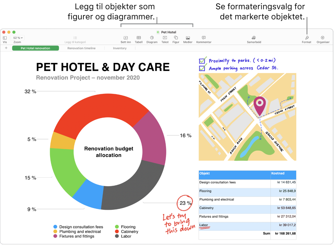 Et Numbers-vindu som viser verktøylinjen og redigeringsverktøyene øverst, Samarbeid-knappen nesten øverst i midten, og Format-knappen og Organiser-knappen til høyre. Format-sidepanelet er åpent og viser fanen Diagram.