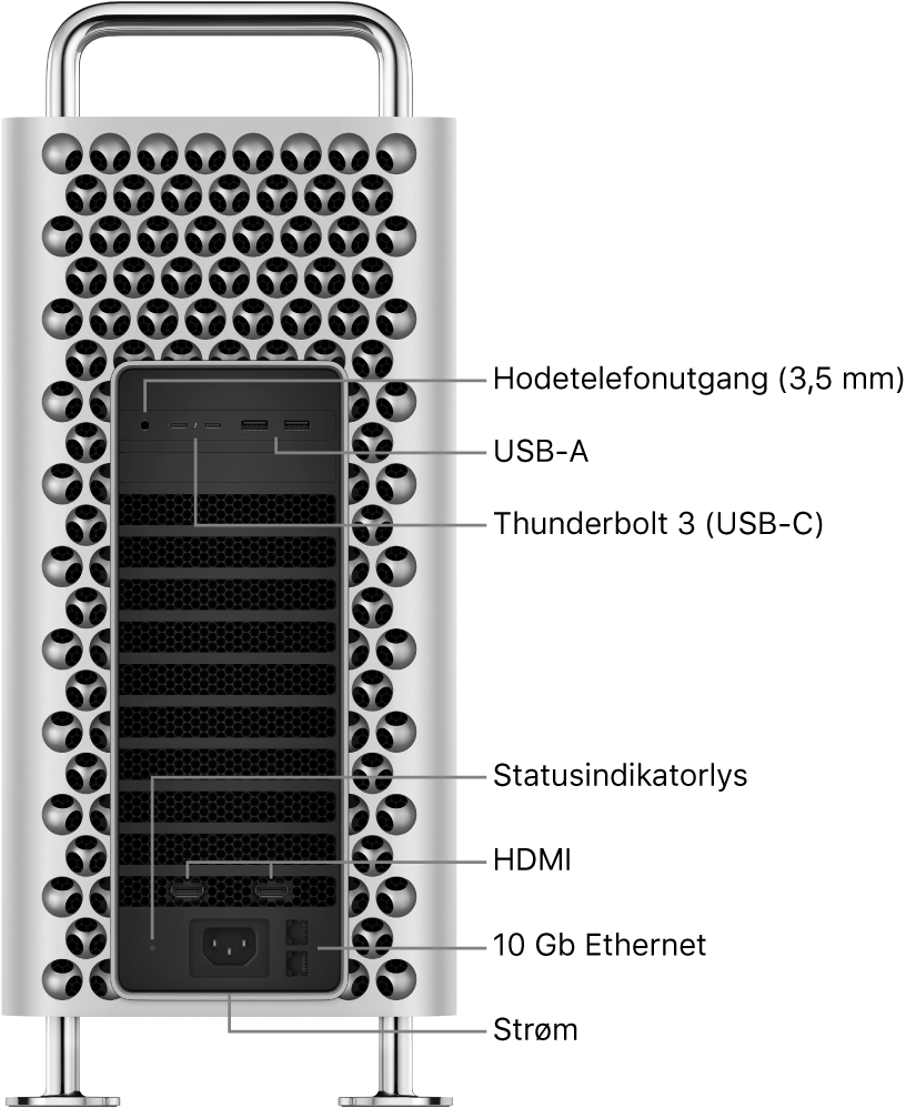 Mac Pro fra siden som viser hodetelefonutgangen (3,5 mm), to USB-A-porter, to Thunderbolt 3-porter (USB-C), et statusindikatorlys, to HDMI porter, to 10 Gigabit Ethernet-porter og strømporten.