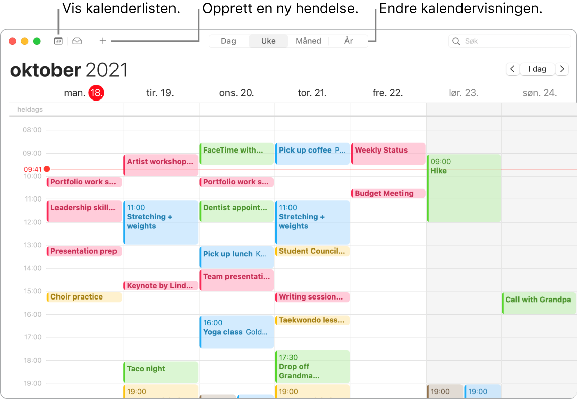 Et Kalender-vindu som viser hvordan du oppretter en hendelse, viser kalenderlisten og velger dag-, ukes-, måneds- eller årsvisning.