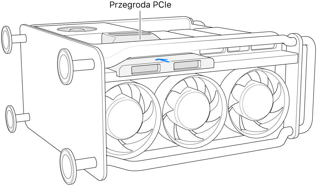 Mac Pro na boku; widoczna jest przegroda PCIe oraz osłona SSD.