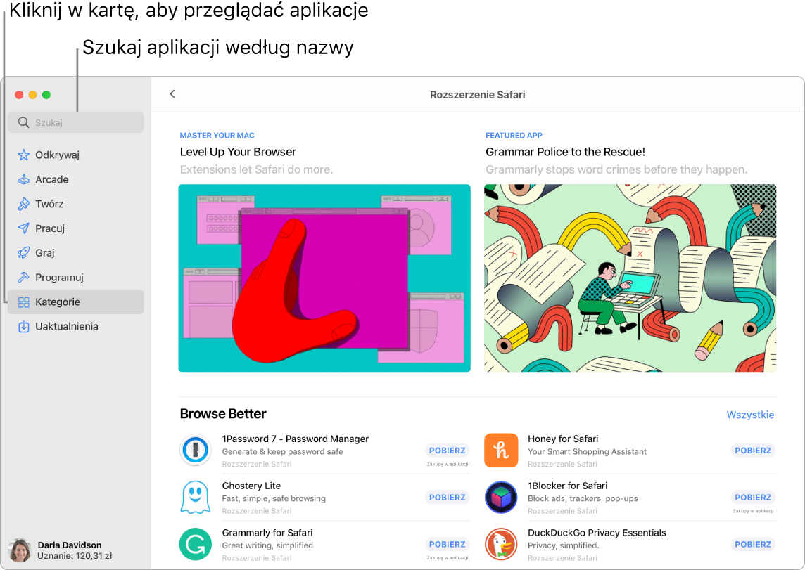Okno App Store z polem wyszukiwania oraz stroną zawierającą rozszerzenia Safari.