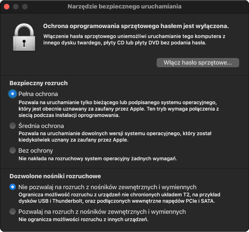 Otwarte okno aplikacji Narzędzie bezpiecznego uruchamiania z zaznaczoną opcją bezpiecznego uruchamiania oraz opcją uruchamiania z urządzenia zewnętrznego.