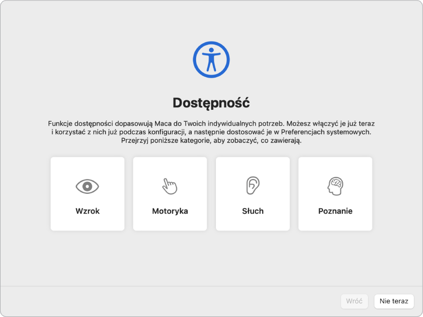 Mac wyświetlający Asystenta ustawień z ekranem powitalnym.