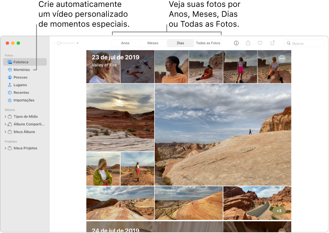 Janela do app Fotos mostrando opções para visualizar as fotos na fototeca (Anos, Meses, Dias e Todas as Fotos) na parte superior da janela do app Fotos.