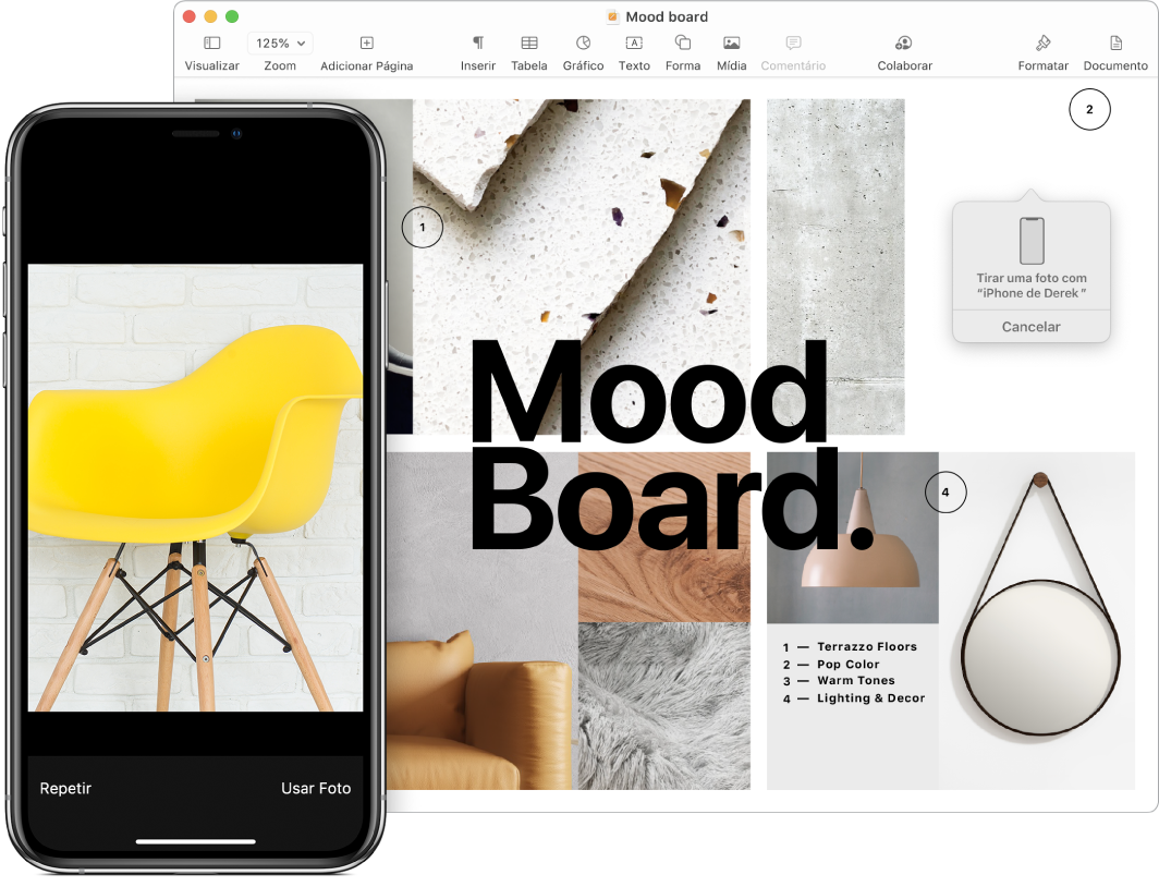 Um iPhone mostrando uma foto e a tela de um Mac mostrando um documento do Pages com uma caixa de aviso onde a imagem será inserida.