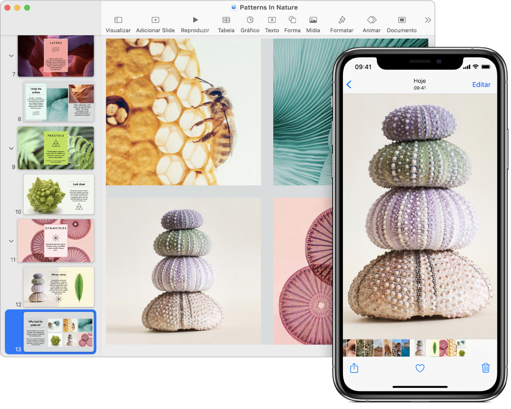 Um iPhone mostrando uma foto, ao lado de um Mac mostrando a foto depois de ser colada em uma apresentação do Keynote.