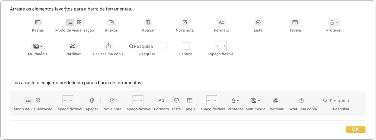 Uma janela da aplicação Notas a mostrar as opções de personalização da barra de ferramentas que estão disponíveis.