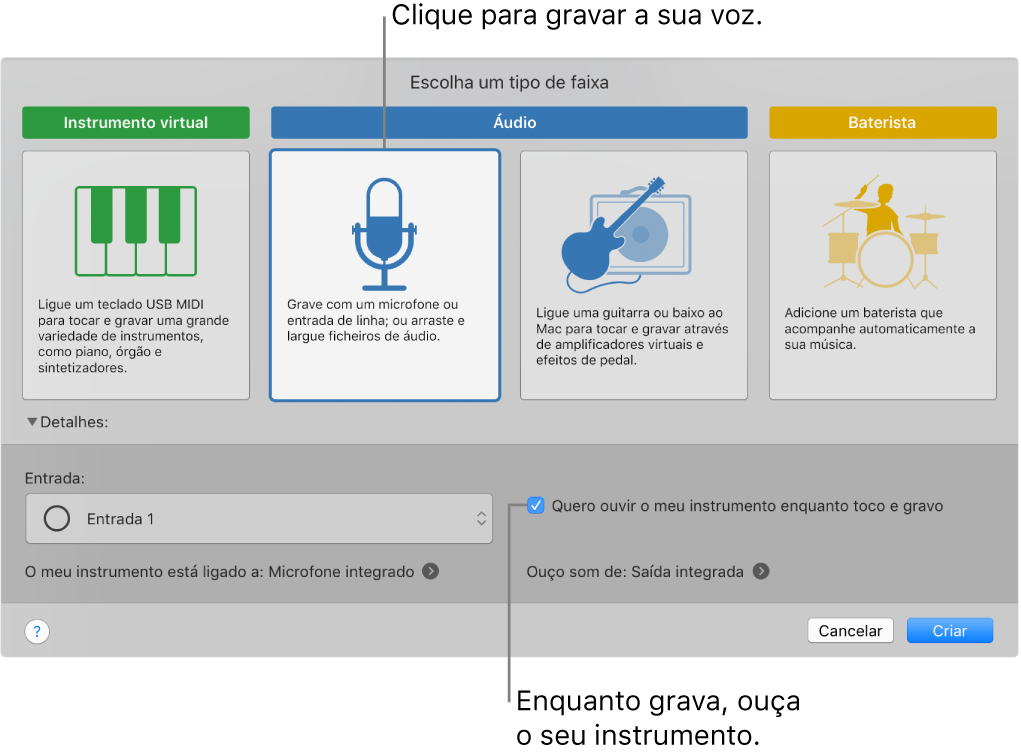 O painel de instrumento do GarageBand a mostrar onde clicar para gravar uma voz e como ouvir a sua própria gravação.