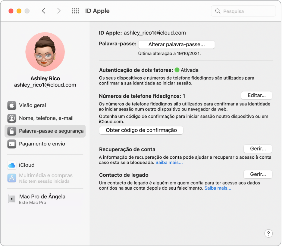 A secção “Palavra-passe e segurança” do ID Apple nas Preferências do Sistema. Clique em gerir para configurar “Recuperação de conta”.