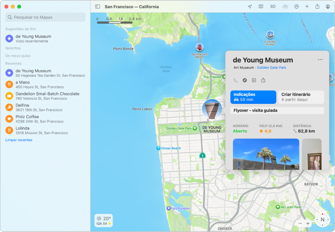 Um mapa de São Francisco a mostrar um museu. Uma janela de informação a mostrar informação importante acerca da empresa.