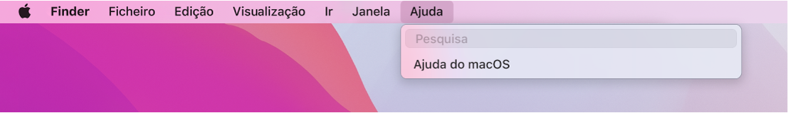 Parte da secretária visível, com o menu Ajuda aberto, a mostrar as opções de menu para Pesquisa e Ajuda do macOS.