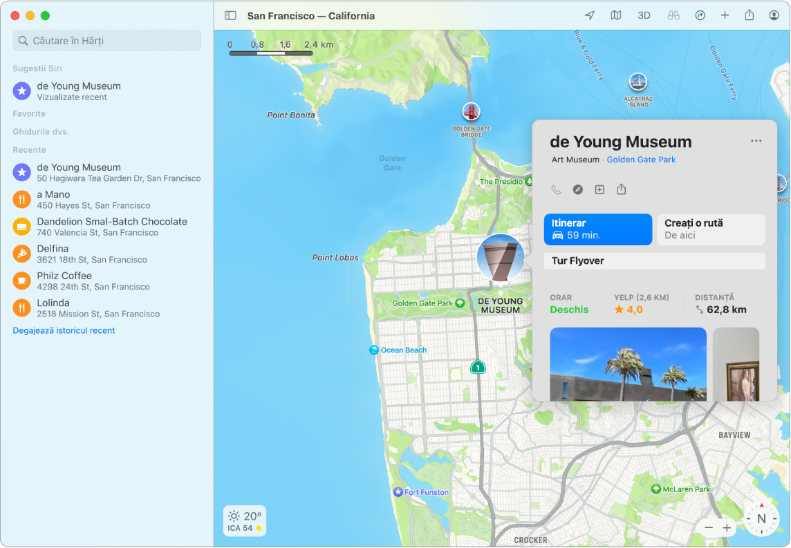 O hartă a orașului San Francisco prezentând un muzeu. O fereastră de informații afișează informații importante despre acesta.