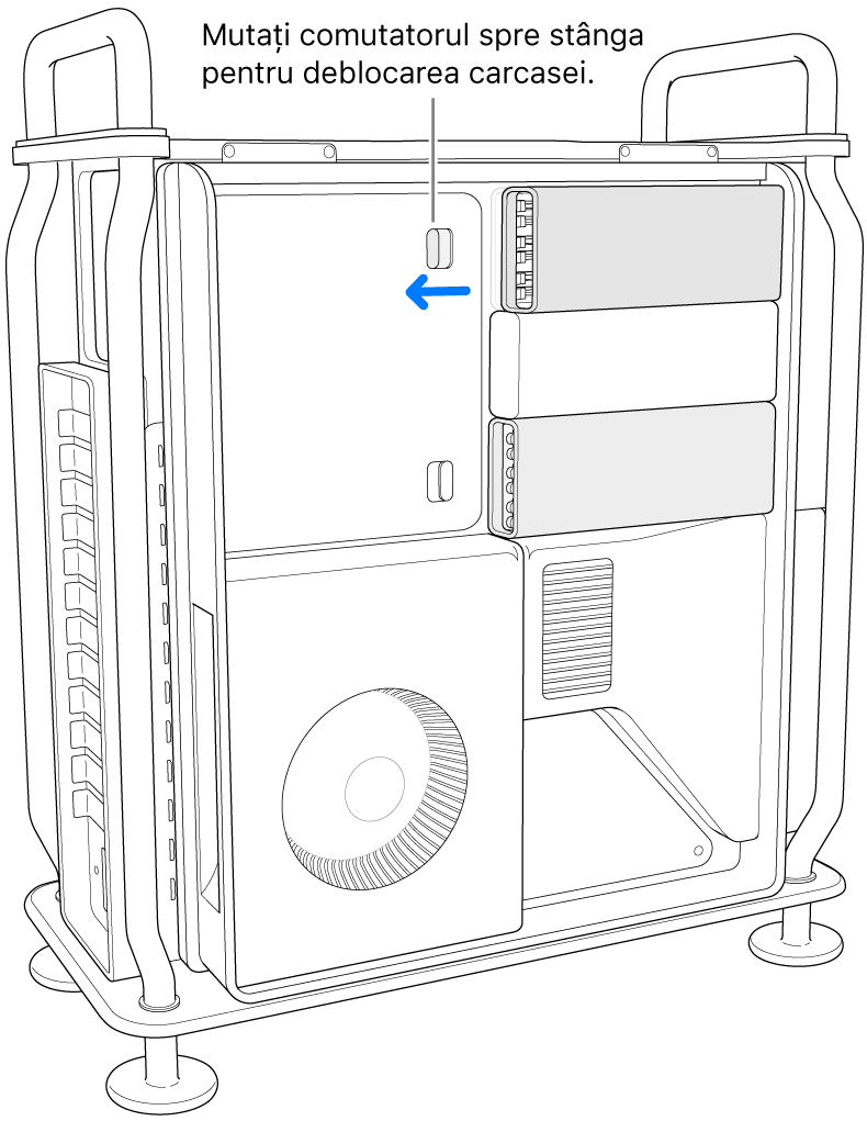 Comutatorul este mutat la stânga pentru deblocarea carcasei DIMM.