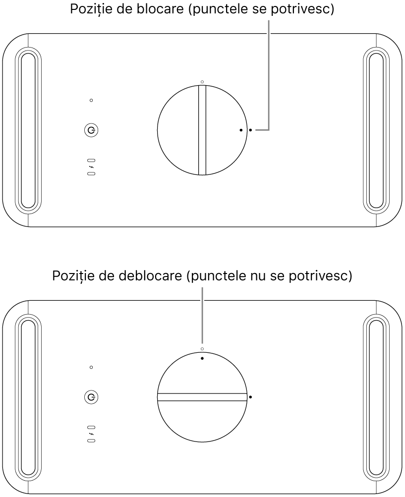 Partea de sus a carcasei computerului, prezentând lacătul în pozițiile de blocare și de deblocare.