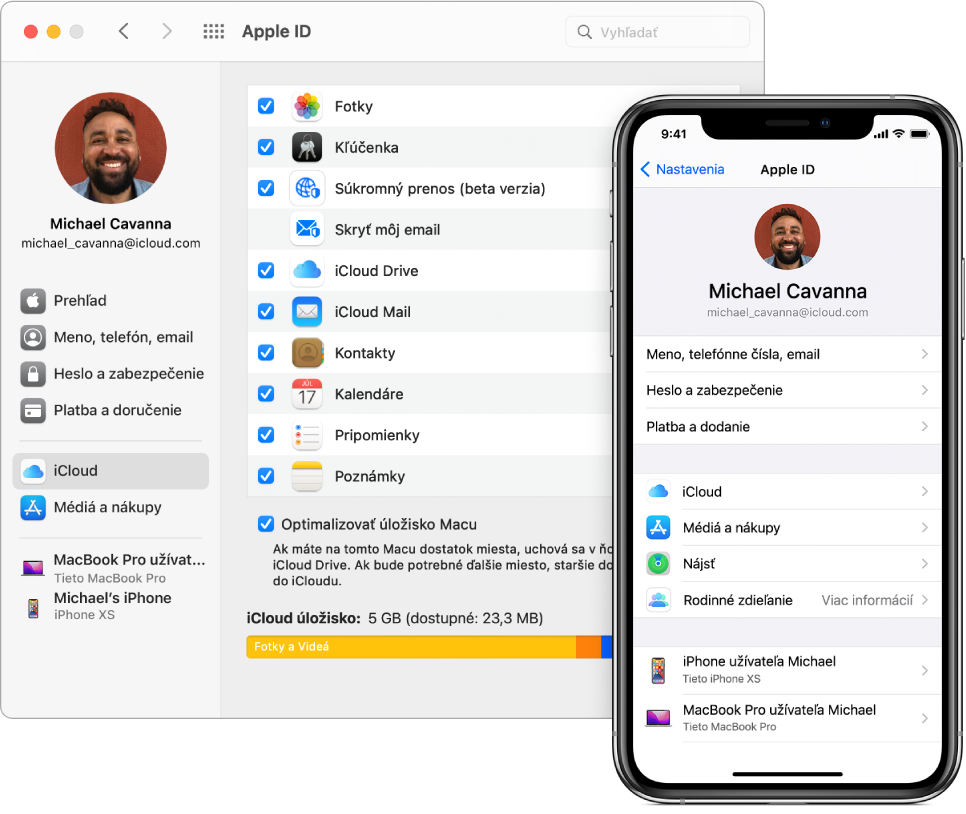 Nastavenia iCloudu na iPhone a okno iCloudu na Macu.