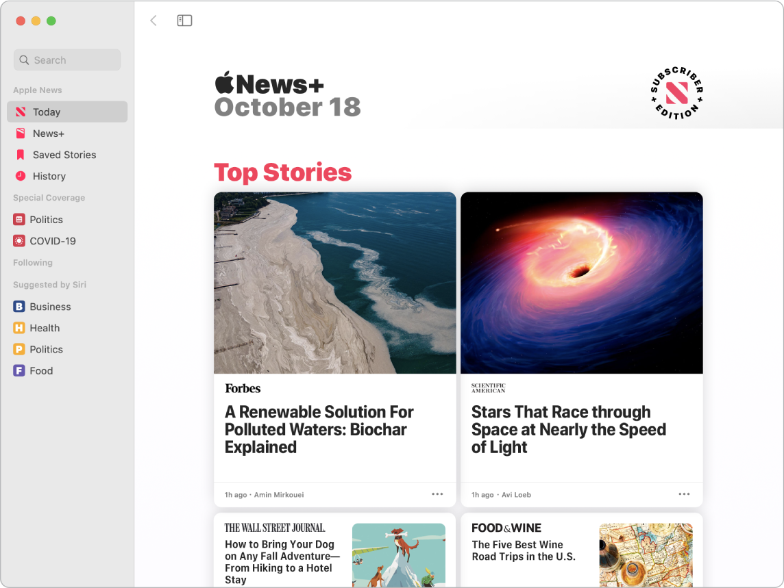 Okno aplikácie News zobrazujúce zoznam sledovaných položiek a zobrazenie Top Stories (Najlepšie články).