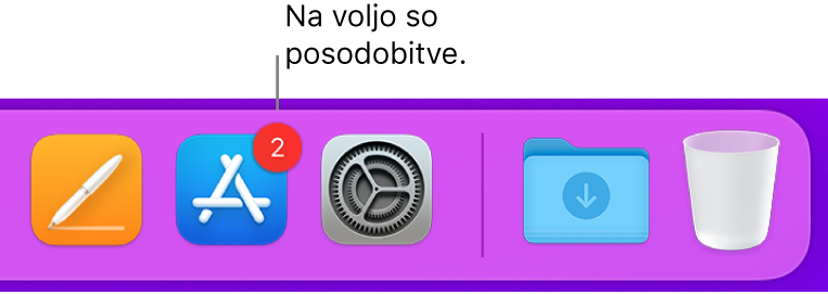 Del vrstice Dock, ki prikazuje ikono trgovine App Store z značko, kar pomeni, da so na voljo posodobitve.