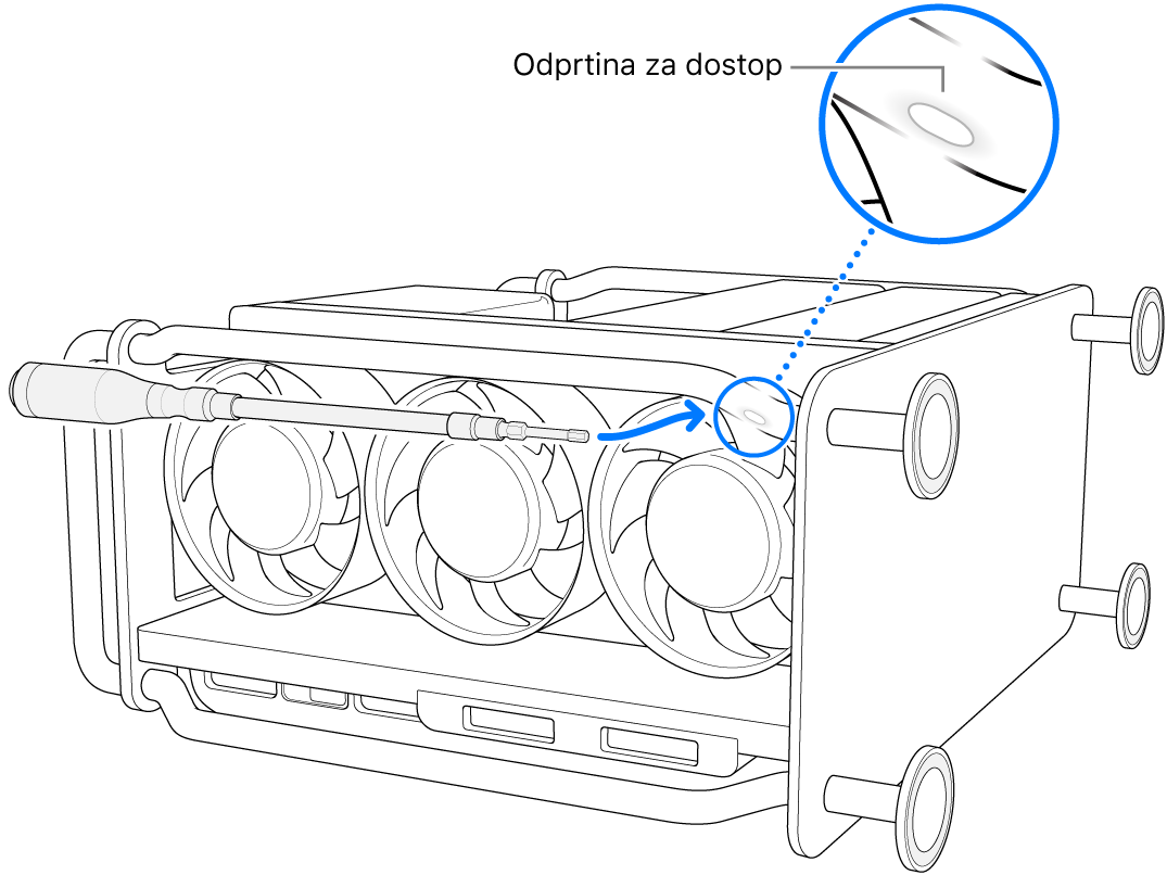 Mac Pro na stranici s prilagodljivim vijačnikom, ki je usmerjen navzgor proti odprtini za dostop.