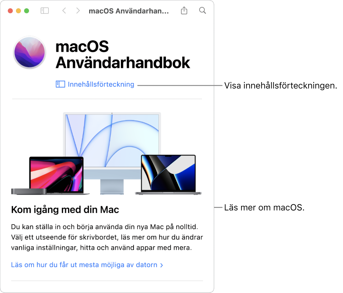 Startsidan i macOS Användarhandbok som innehåller länken till innehållsförteckningen.