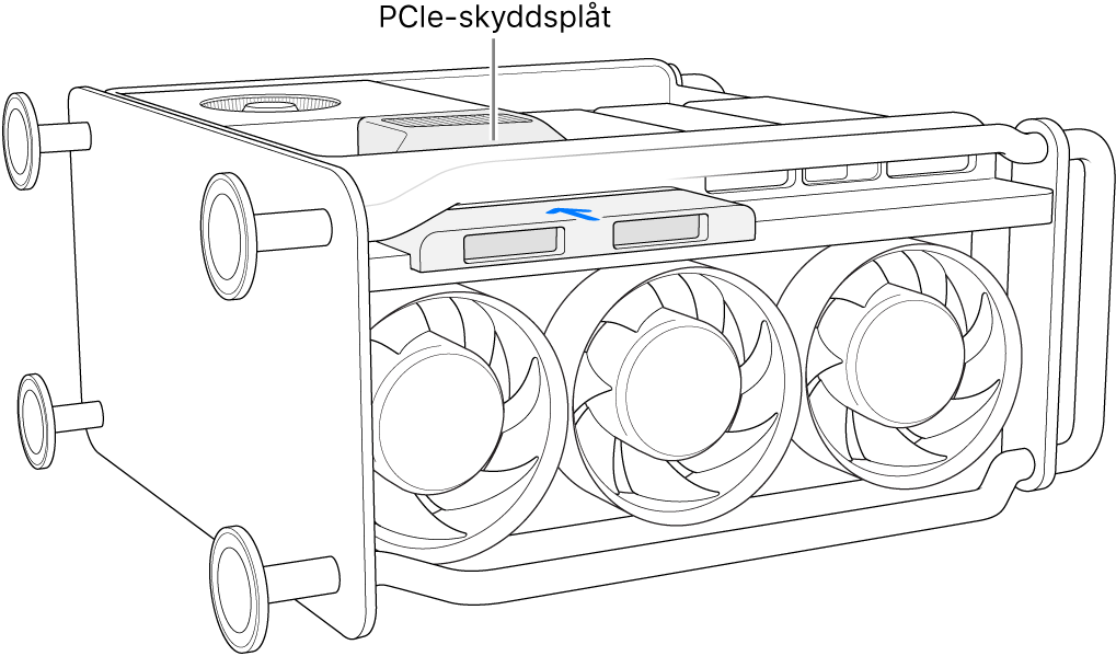 Mac Pro ligger på sidan och visar PCIe-skyddsplåten och SSD-skyddet.