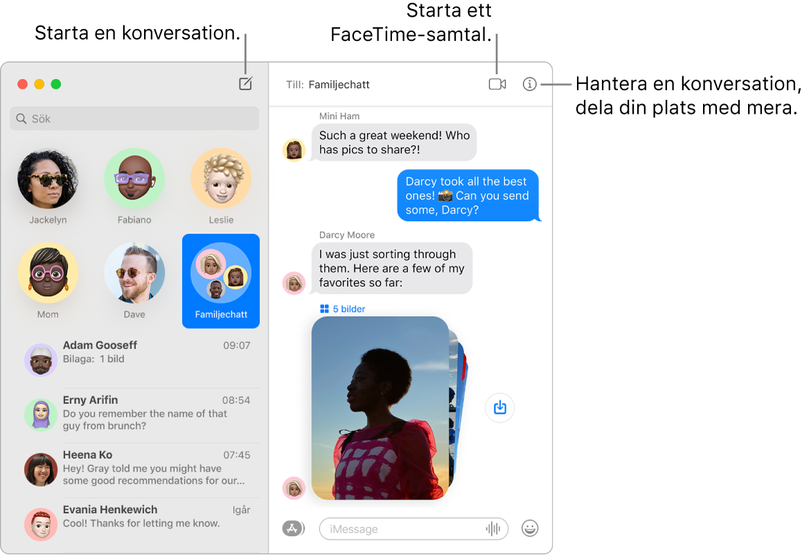 Ett Meddelanden-fönster som visar hur du startar en konversation och ringer ett FaceTime-samtal.