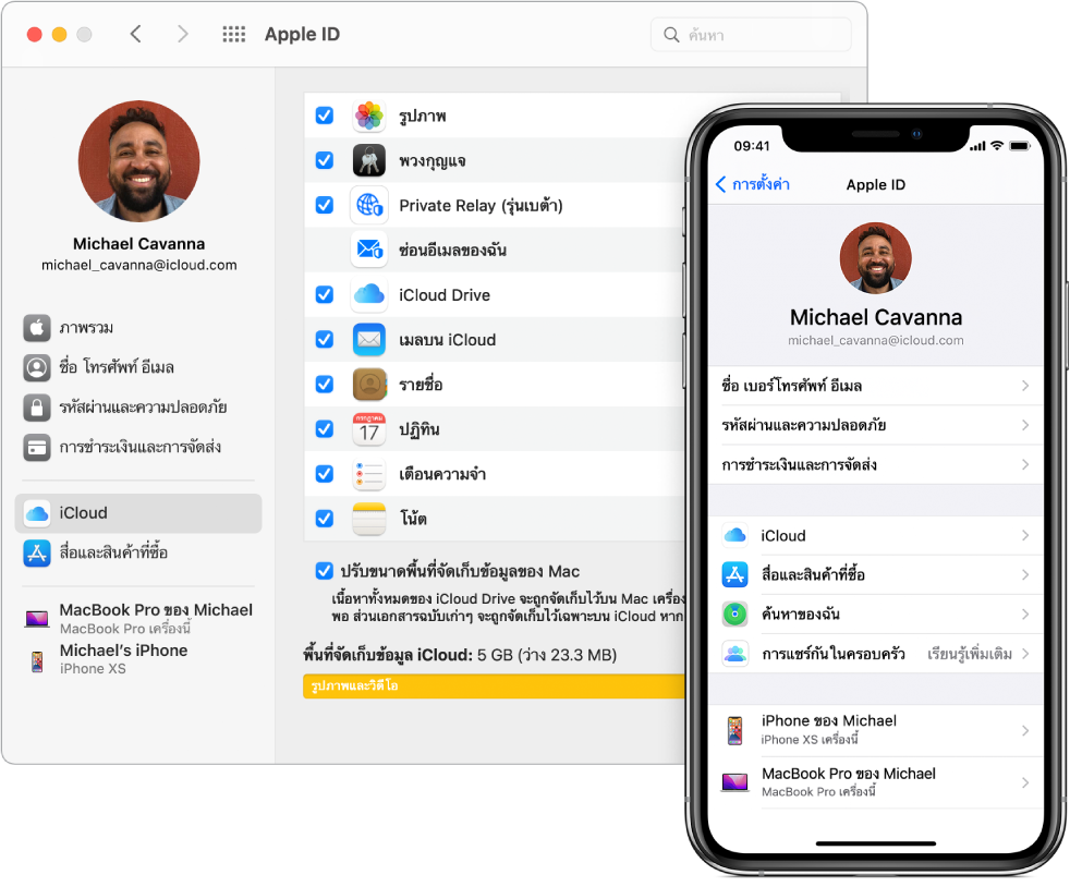 การตั้งค่า iCloud บน iPhone และหน้าต่าง iCloud บน Mac