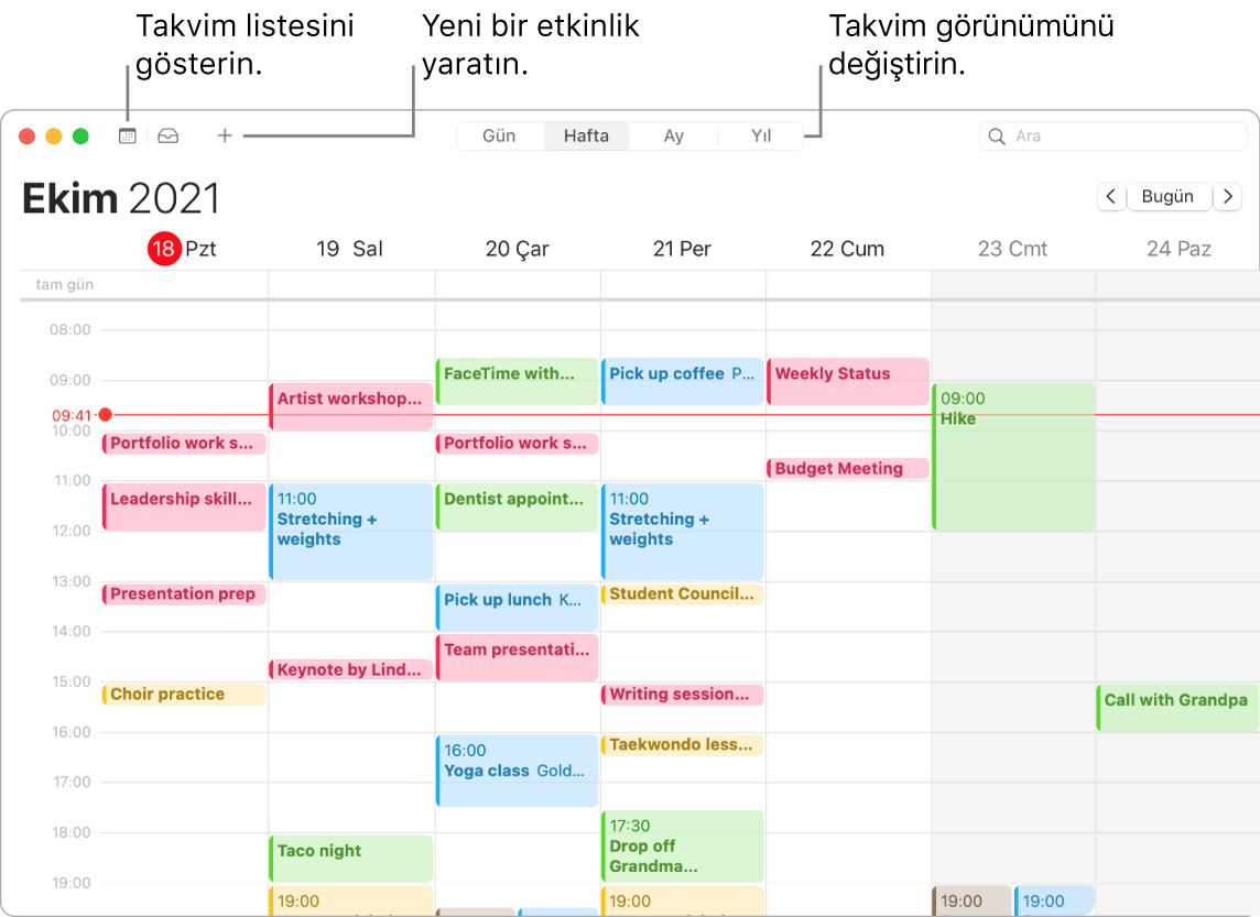 Etkinlik yaratmayı, takvim listesini göstermeyi ve Gün, Hafta, Ay veya Yıl görüntüsünü seçmeyi gösteren bir Takvim penceresi.