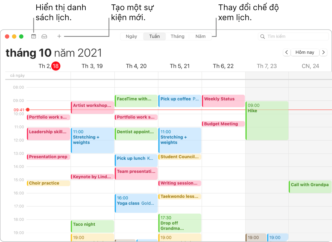 Một cửa sổ Lịch đang minh họa cách tạo một sự kiện, hiển thị danh sách lịch và chọn chế độ xem Ngày, Tuần, Tháng hoặc Năm.