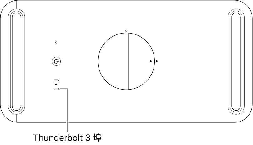 Mac Pro 的頂端，指出要使用的正確 Thunderbolt 3 埠。