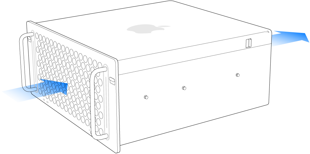 كمبيوتر Mac Pro، مع توضيح كيفية تدفق الهواء من الأمام إلى الخلف.