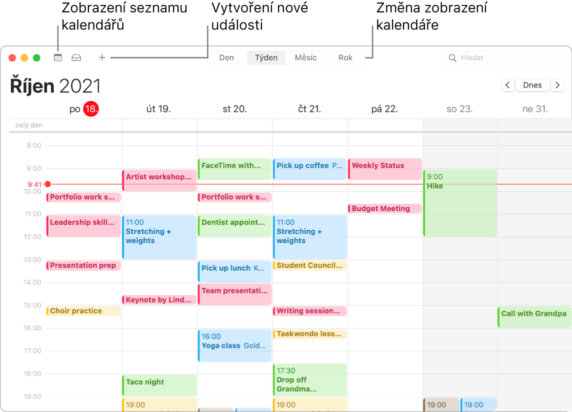 Okno aplikace Kalendář s popisky ukazujícími, kde můžete přidat událost, zobrazit seznam kalendářů nebo vybrat zobrazení Den, Týden, Měsíc či Rok