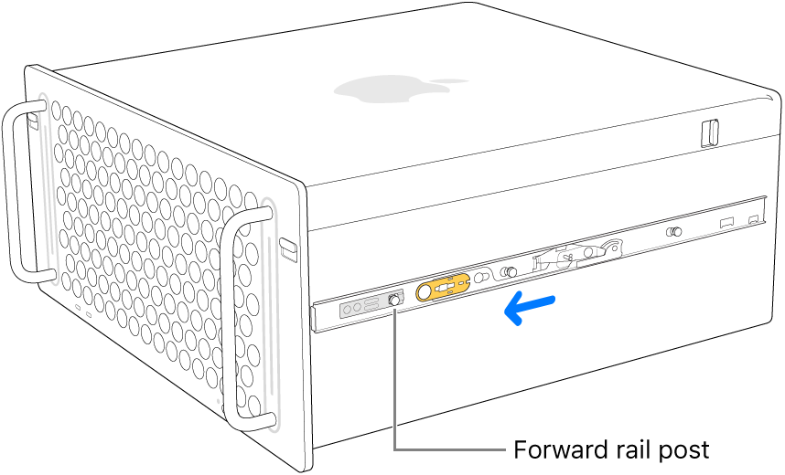 Mac Pro with a rail sliding forward and locking into place.