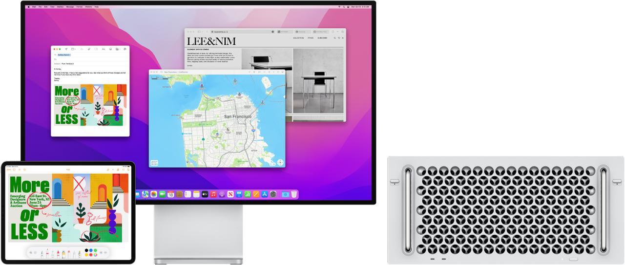 A Mac Pro and iPad are shown next to each other. The iPad screen shows a flyer with annotations. The display used by the Mac Pro has a Mail message with the annotated flyer from the iPad as an attachment.