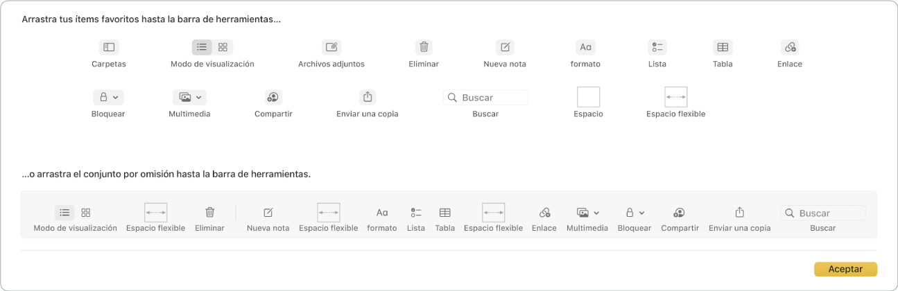 Una ventana de Notas que muestra las opciones de personalización de la barra de herramientas que están disponibles.
