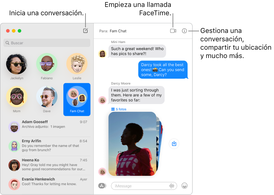 Una ventana de Mensajes donde se muestra cómo iniciar una conversación y cómo iniciar una llamada de FaceTime.