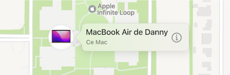Un gros plan sur l’icône d’informations du MacBook Air de Danny.