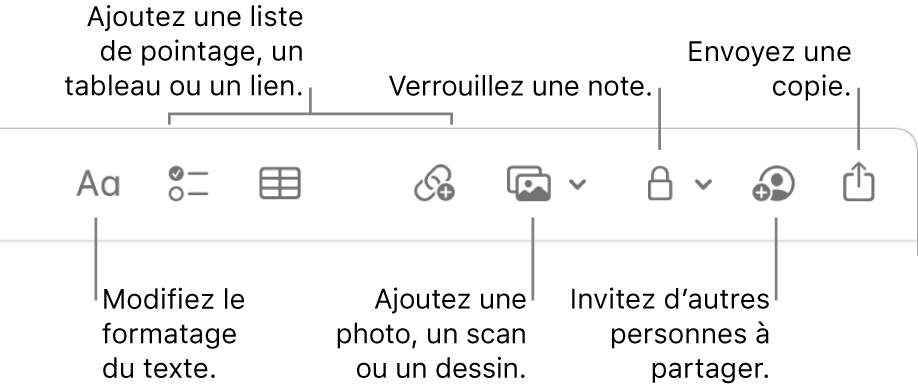 La barre d’outils de Notes présentant les outils de format de texte, de liste de pointage, de tableau, de lien, de photos/contenu multimédia, de verrouillage, de partage et d’envoi d’une copie.