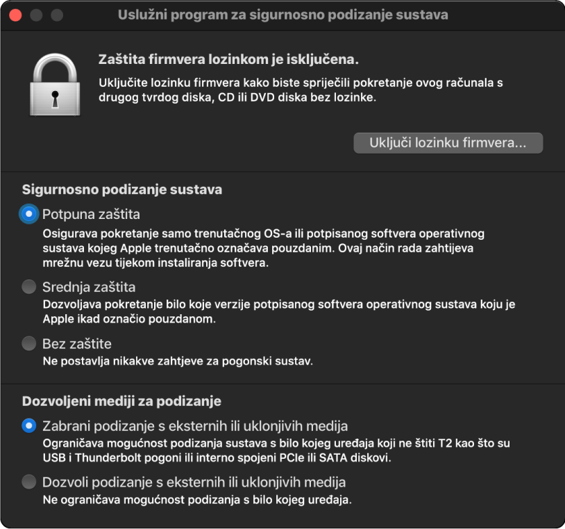 Prozor Uslužnog programa za sigurnosno podizanje sustava označen je za sigurnosno podizanje i jedna je opcija označena za vanjsko podizanje.