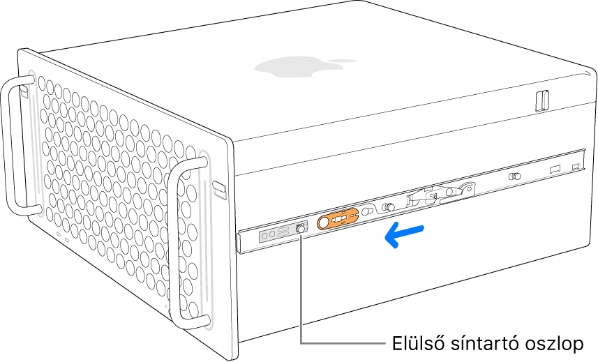 A Mac Pro gép egy sínnel, amely előrefelé van csúsztatva a rögzítéséhez.