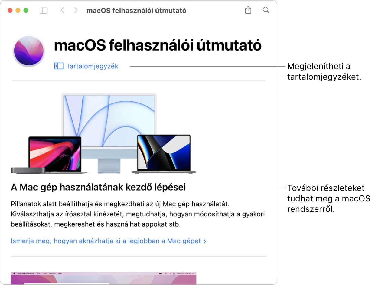 A macOS felhasználói útmutatójának kezdőoldala a Tartalomjegyzék linkkel.