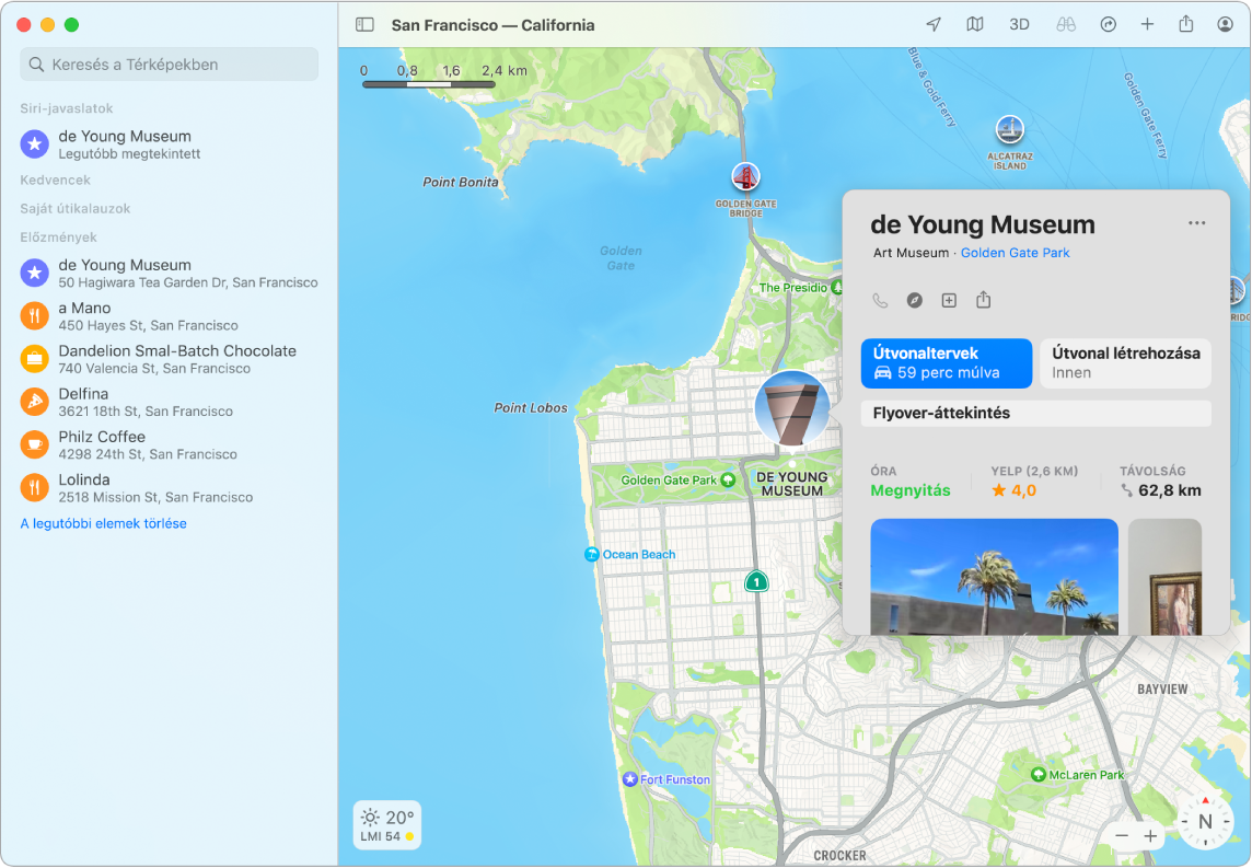 San Francisco térképe egy múzeummal. Egy információs ablak fontos adatokat jelenít meg az üzlettel kapcsolatban.