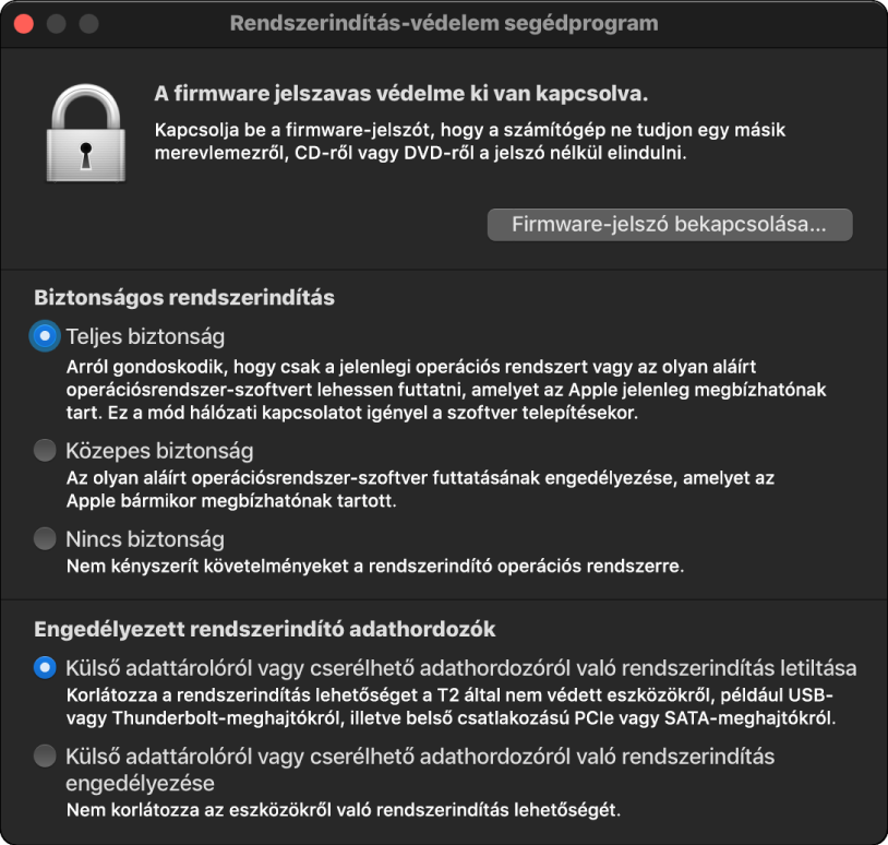 A Rendszerindítás-védelem segédprogram megnyitott ablaka, ahol be van jelölve a biztonságos rendszerindítás és a külső rendszerindítás lehetőség.