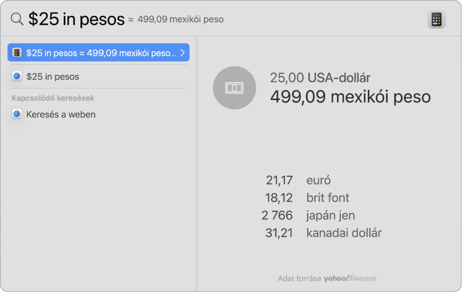 A képernyőképen dollárból pesóba történő átváltás látható az átváltást mutató csúcstalálattal és egyén kiválasztható eredménnyel.